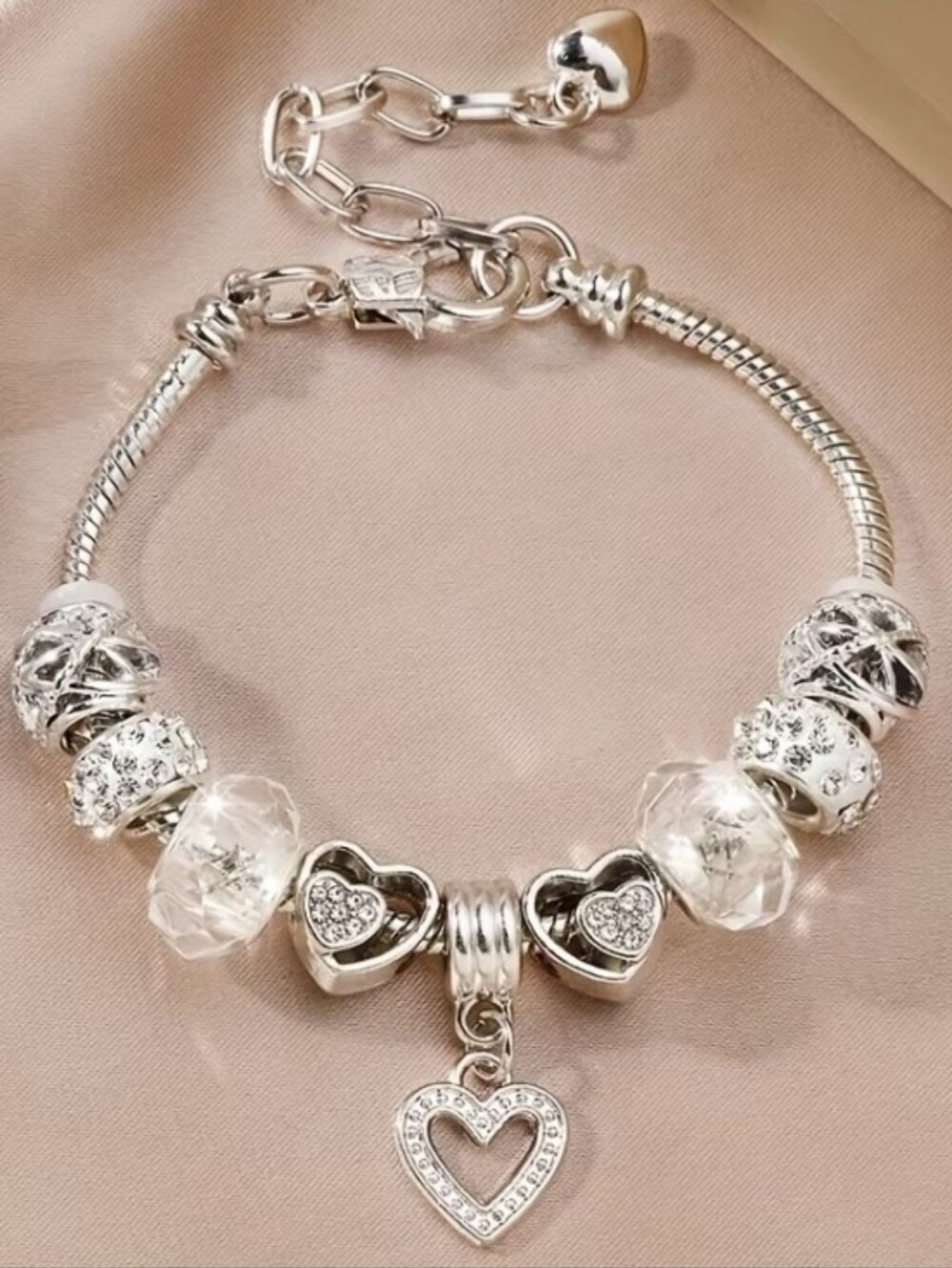 Silver Tone Heart Charm Bracelet with Beads